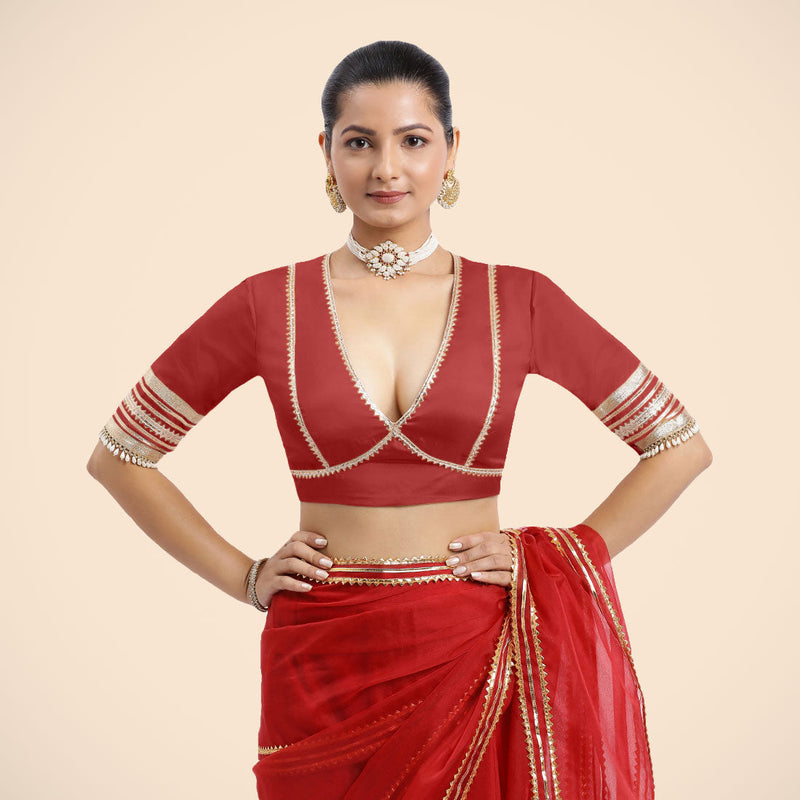 Nafeeza x Tyohaar | Crimson Red Embellished Elbow Sleeves FlexiFit™ Saree Blouse with Plunging V Neckline with Tasteful Golden Gota Lace-Binks