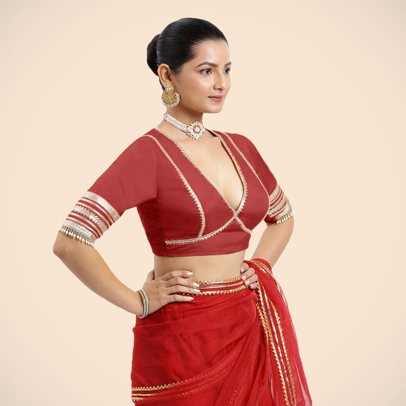Nafeeza x Tyohaar | Crimson Red Embellished Elbow Sleeves FlexiFit™ Saree Blouse with Plunging V Neckline with Tasteful Golden Gota Lace-Binks