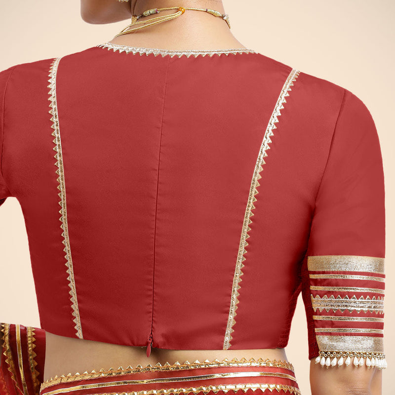 Nafeeza x Tyohaar | Crimson Red Embellished Elbow Sleeves FlexiFit™ Saree Blouse with Plunging V Neckline with Tasteful Golden Gota Lace-Binks