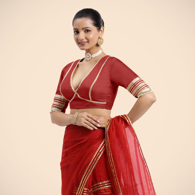 Nafeeza x Tyohaar | Crimson Red Embellished Elbow Sleeves FlexiFit™ Saree Blouse with Plunging V Neckline with Tasteful Golden Gota Lace-Binks