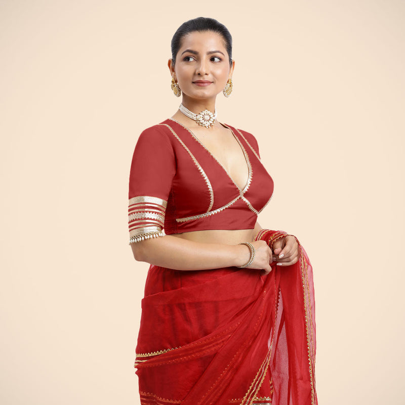 Nafeeza x Tyohaar | Crimson Red Embellished Elbow Sleeves FlexiFit™ Saree Blouse with Plunging V Neckline with Tasteful Golden Gota Lace-Binks