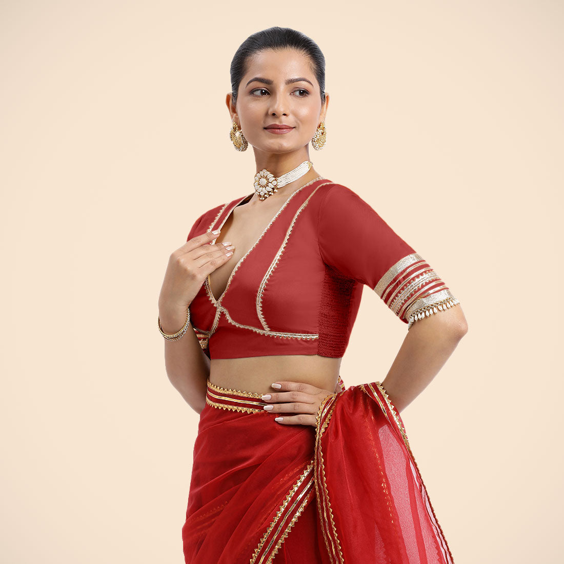 Nafeeza x Tyohaar Saree Blouse, in Red Vegan Silk, featuring elbow sleeves and v-neckline, made for party & festive (view 6).