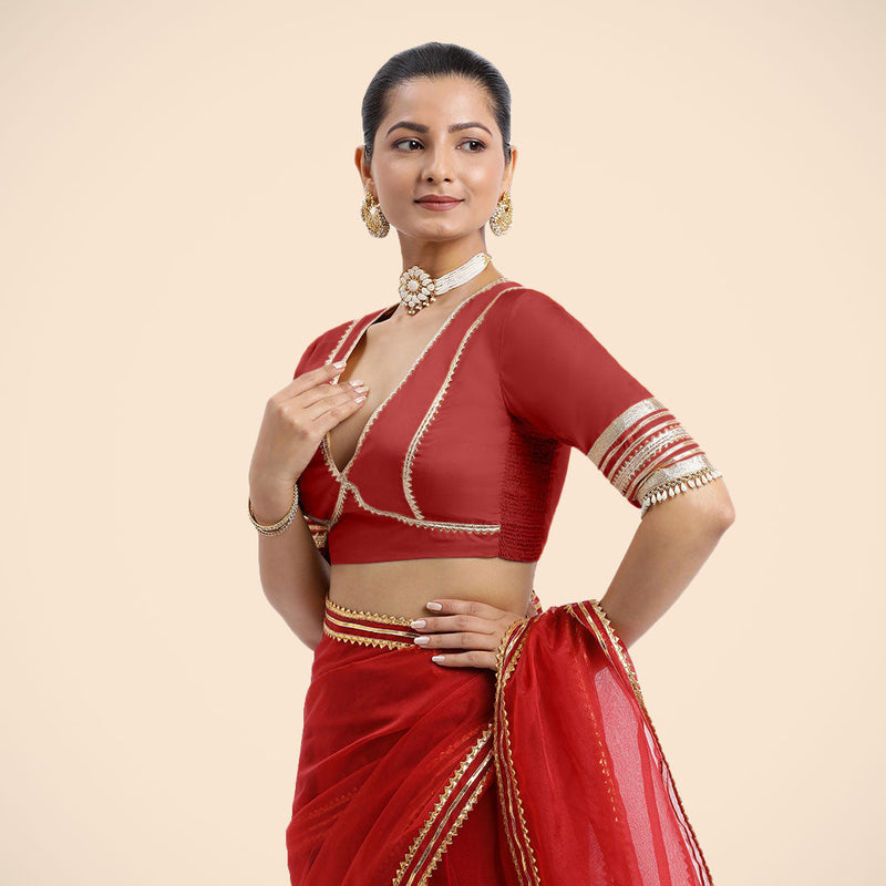 Nafeeza x Tyohaar | Crimson Red Embellished Elbow Sleeves FlexiFit™ Saree Blouse with Plunging V Neckline with Tasteful Golden Gota Lace-Binks