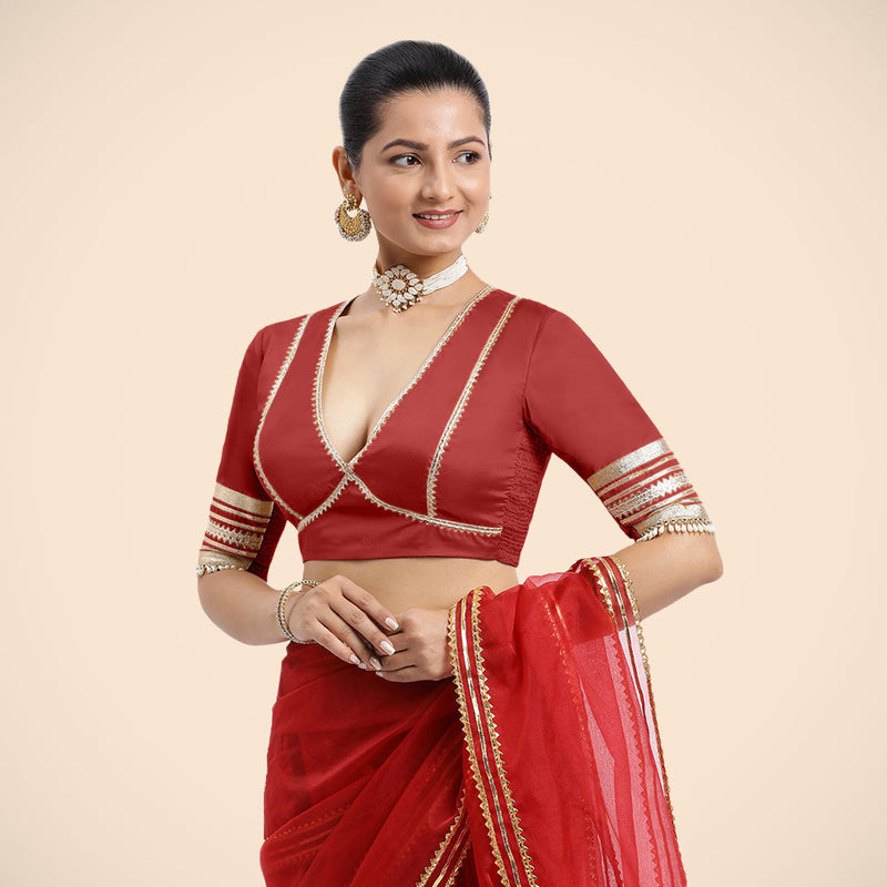 Nafeeza x Tyohaar | Crimson Red Embellished Elbow Sleeves FlexiFit™ Saree Blouse with Plunging V Neckline with Tasteful Golden Gota Lace-Binks