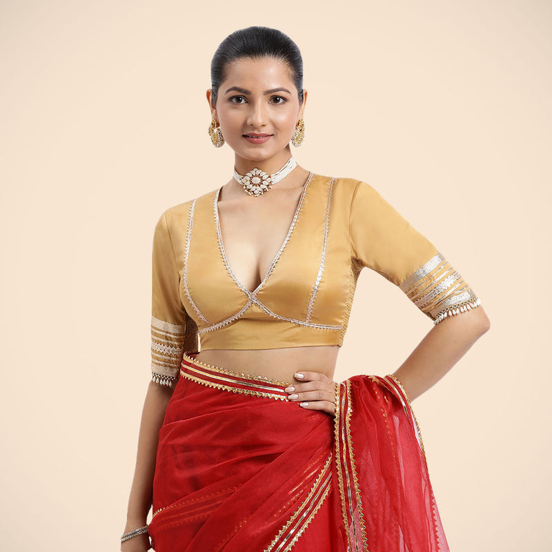 Nafeeza x Tyohaar | Gold Embellished Elbow Sleeves FlexiFit™ Saree Blouse with Plunging V Neckline with Tasteful Golden Gota Lace-Binks