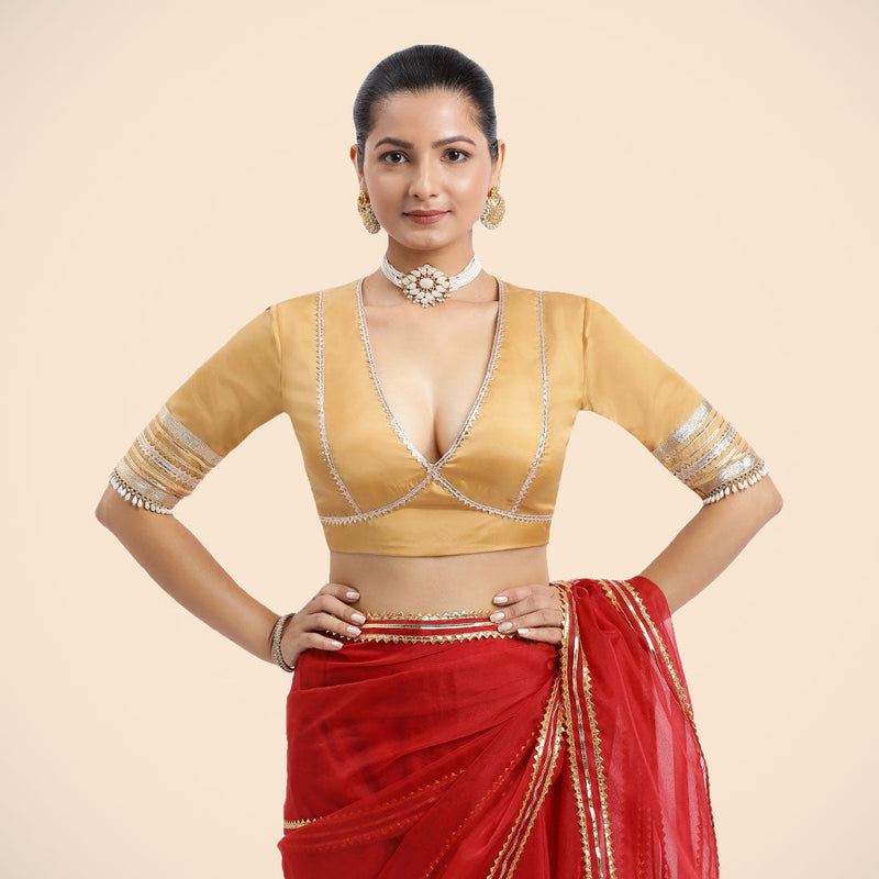 Nafeeza x Tyohaar | Gold Embellished Elbow Sleeves FlexiFit™ Saree Blouse with Plunging V Neckline with Tasteful Golden Gota Lace-Binks