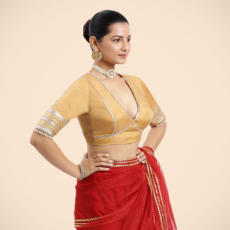 Nafeeza x Tyohaar | Gold Embellished Elbow Sleeves FlexiFit™ Saree Blouse with Plunging V Neckline with Tasteful Golden Gota Lace-Binks