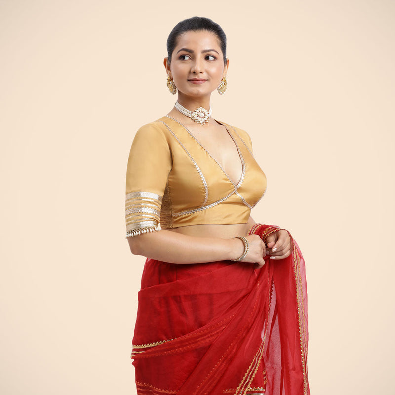 Nafeeza x Tyohaar | Gold Embellished Elbow Sleeves FlexiFit™ Saree Blouse with Plunging V Neckline with Tasteful Golden Gota Lace-Binks