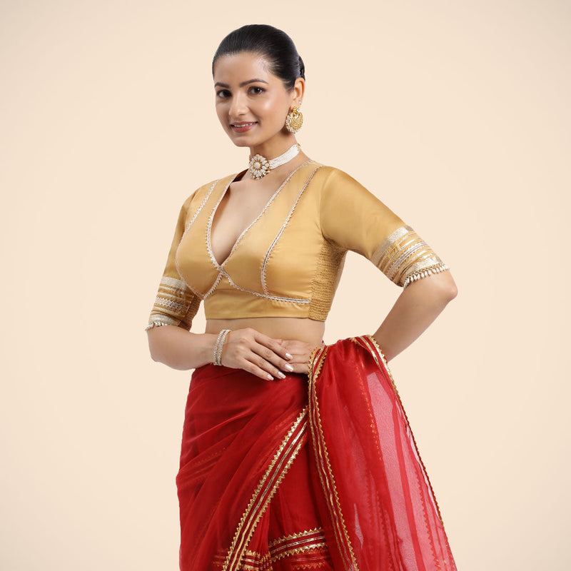 Nafeeza x Tyohaar | Gold Embellished Elbow Sleeves FlexiFit™ Saree Blouse with Plunging V Neckline with Tasteful Golden Gota Lace-Binks