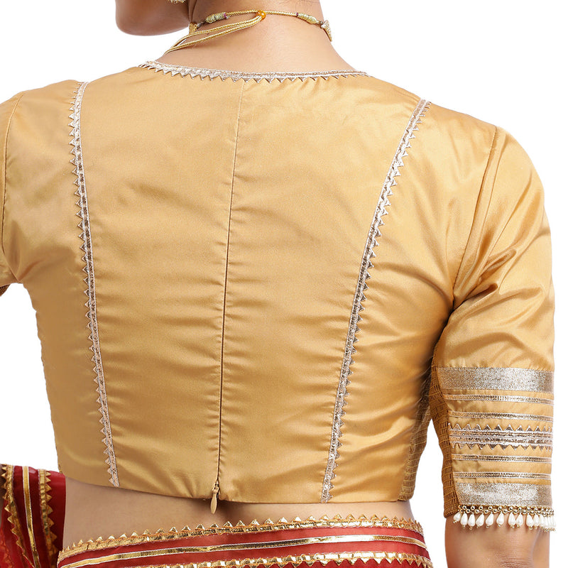 Nafeeza x Tyohaar | Gold Embellished Elbow Sleeves FlexiFit™ Saree Blouse with Plunging V Neckline with Tasteful Golden Gota Lace-Binks