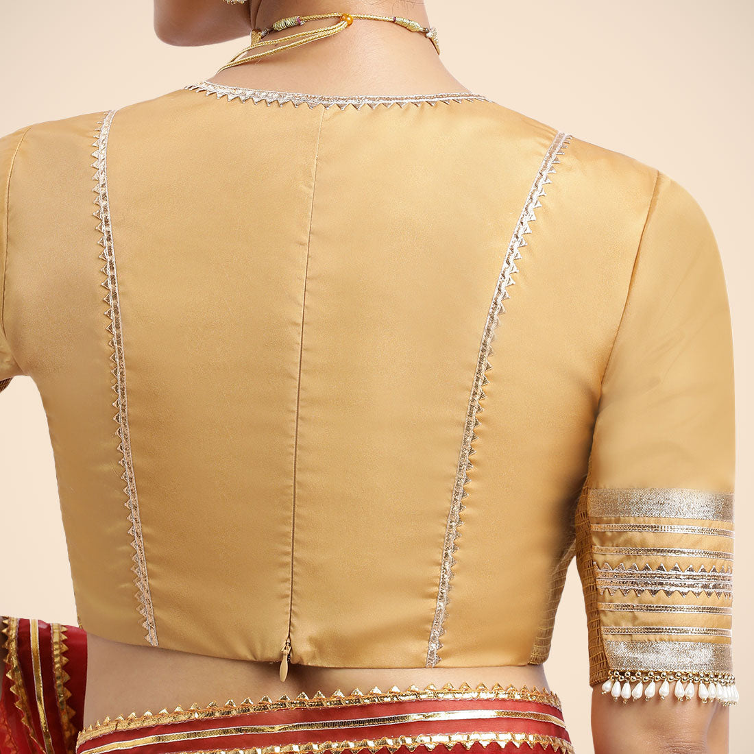 Nafeeza x Tyohaar Saree Blouse, in Gold Vegan Silk, featuring elbow sleeves and v-neckline, made for party & festive (view 2).