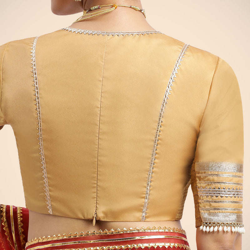Nafeeza x Tyohaar | Gold Embellished Elbow Sleeves FlexiFit™ Saree Blouse with Plunging V Neckline with Tasteful Golden Gota Lace-Binks