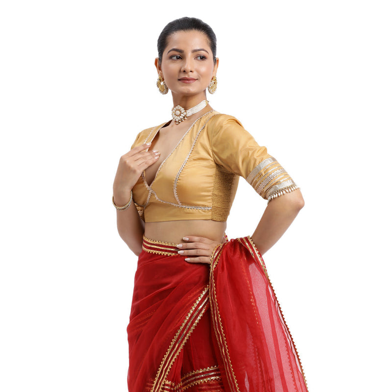 Nafeeza x Tyohaar | Gold Embellished Elbow Sleeves FlexiFit™ Saree Blouse with Plunging V Neckline with Tasteful Golden Gota Lace-Binks