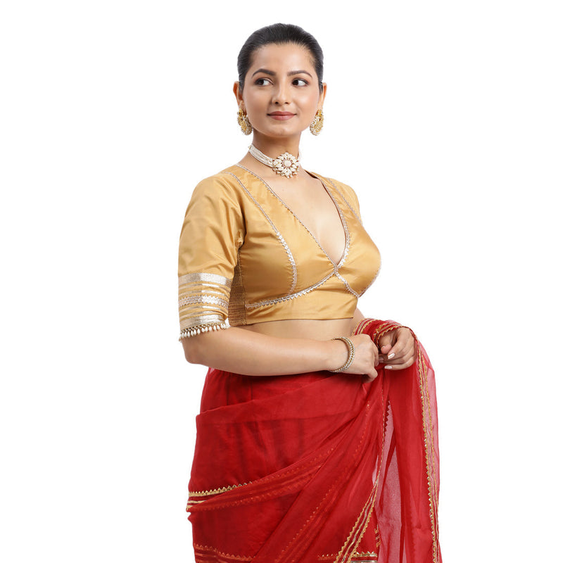 Nafeeza x Tyohaar | Gold Embellished Elbow Sleeves FlexiFit™ Saree Blouse with Plunging V Neckline with Tasteful Golden Gota Lace-Binks