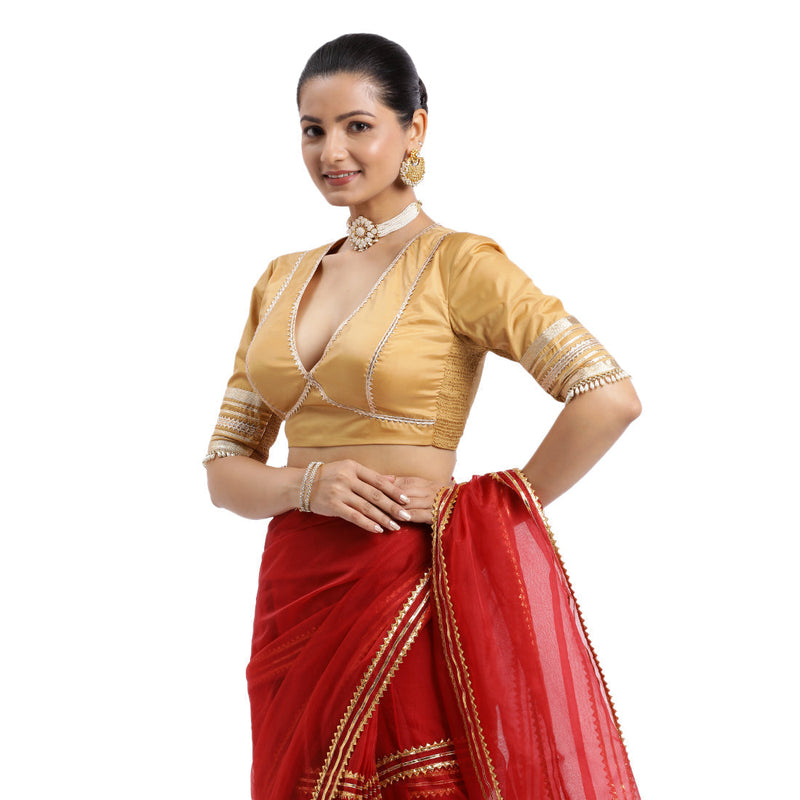 Nafeeza x Tyohaar | Gold Embellished Elbow Sleeves FlexiFit™ Saree Blouse with Plunging V Neckline with Tasteful Golden Gota Lace-Binks