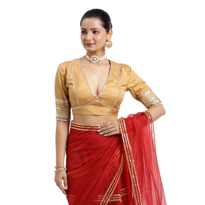 Nafeeza x Tyohaar | Gold Embellished Elbow Sleeves FlexiFit™ Saree Blouse with Plunging V Neckline with Tasteful Golden Gota Lace-Binks