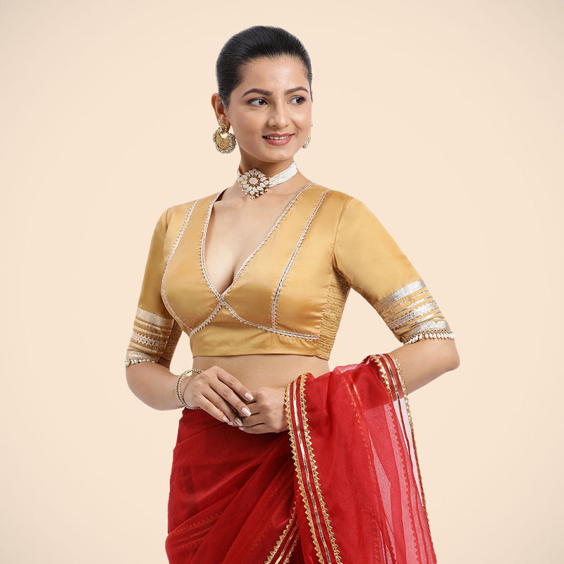 Nafeeza x Tyohaar | Gold Embellished Elbow Sleeves FlexiFit™ Saree Blouse with Plunging V Neckline with Tasteful Golden Gota Lace-Binks