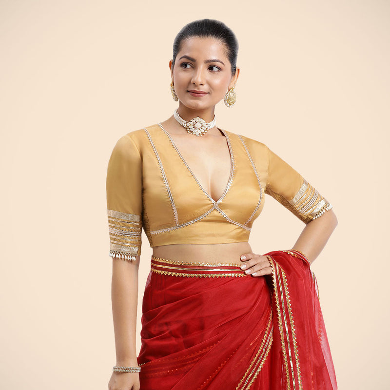 Nafeeza x Tyohaar | Gold Embellished Elbow Sleeves FlexiFit™ Saree Blouse with Plunging V Neckline with Tasteful Golden Gota Lace-Binks