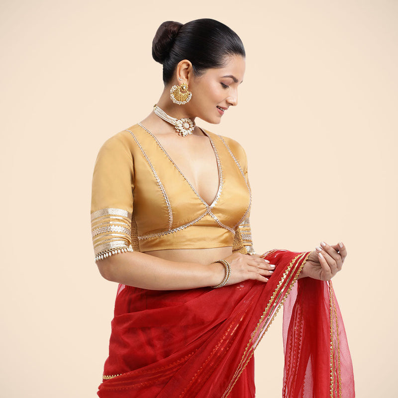 Nafeeza x Tyohaar | Gold Embellished Elbow Sleeves FlexiFit™ Saree Blouse with Plunging V Neckline with Tasteful Golden Gota Lace-Binks