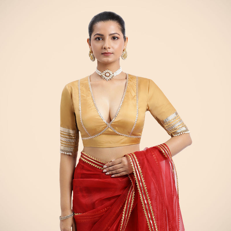 Nafeeza x Tyohaar | Gold Embellished Elbow Sleeves FlexiFit™ Saree Blouse with Plunging V Neckline with Tasteful Golden Gota Lace-Binks