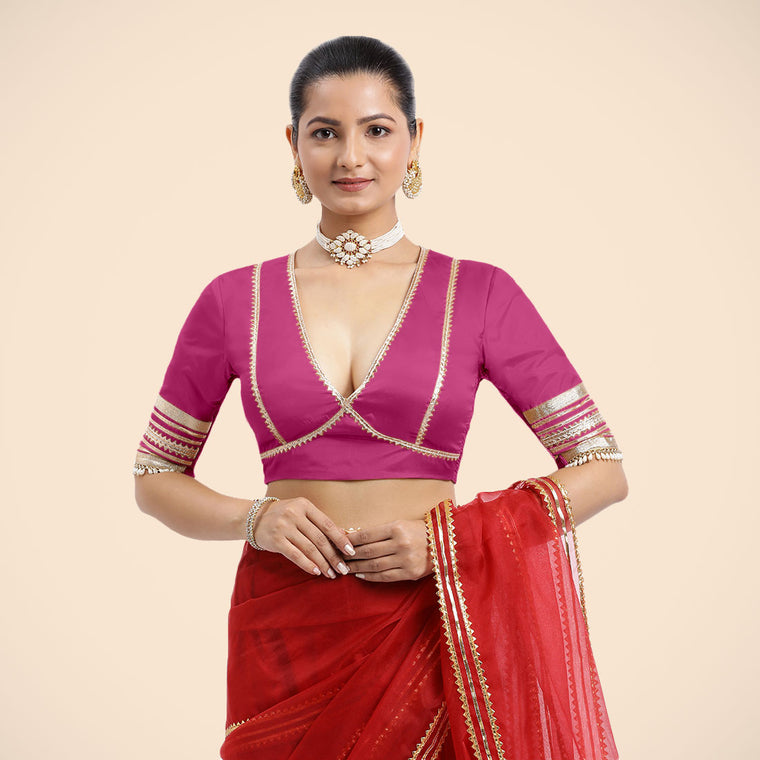 Nafeeza x Tyohaar Saree Blouse, in Pink Vegan Silk, featuring elbow sleeves and v-neckline, made for party & festive.
