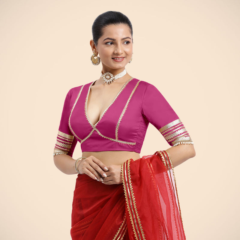 Nafeeza x Tyohaar | Elbow Sleeves Hot Pink FlexiFit™ Gota Embellished Saree Blouse with Plunging V-Neck-Binks