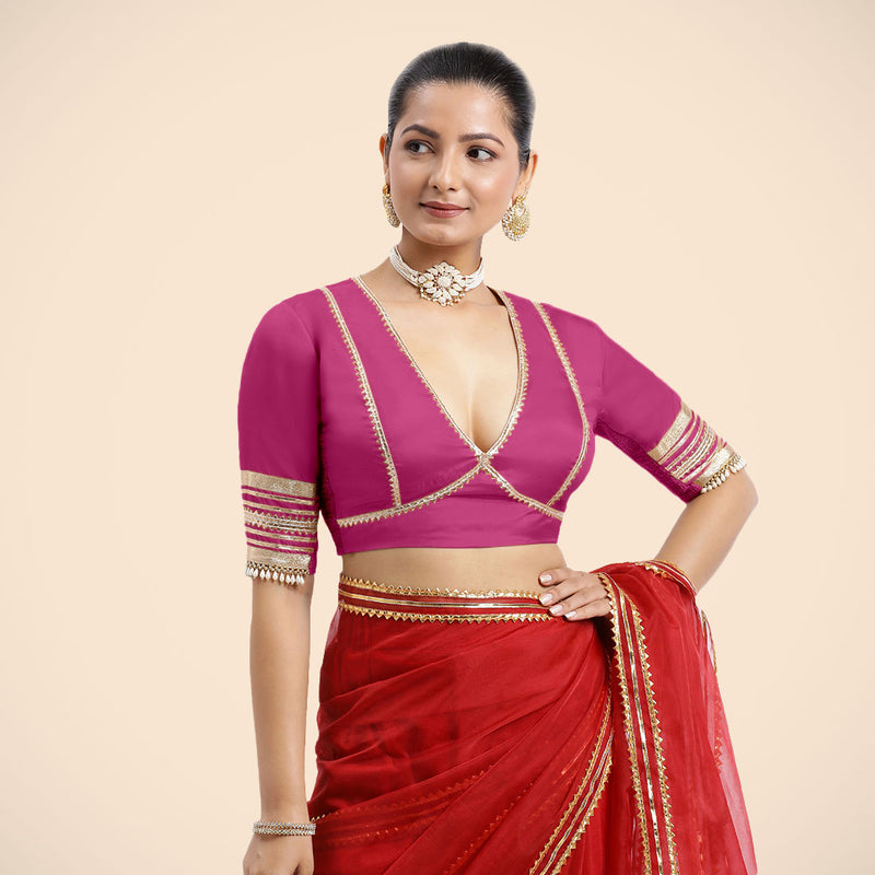 Nafeeza x Tyohaar | Elbow Sleeves Hot Pink FlexiFit™ Gota Embellished Saree Blouse with Plunging V-Neck-Binks