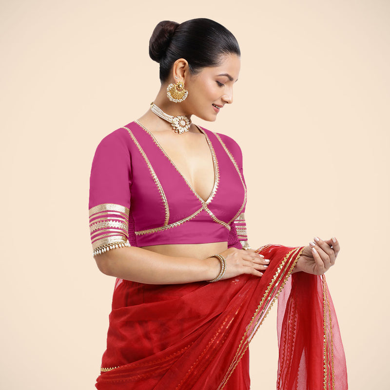 Nafeeza x Tyohaar | Elbow Sleeves Hot Pink FlexiFit™ Gota Embellished Saree Blouse with Plunging V-Neck-Binks