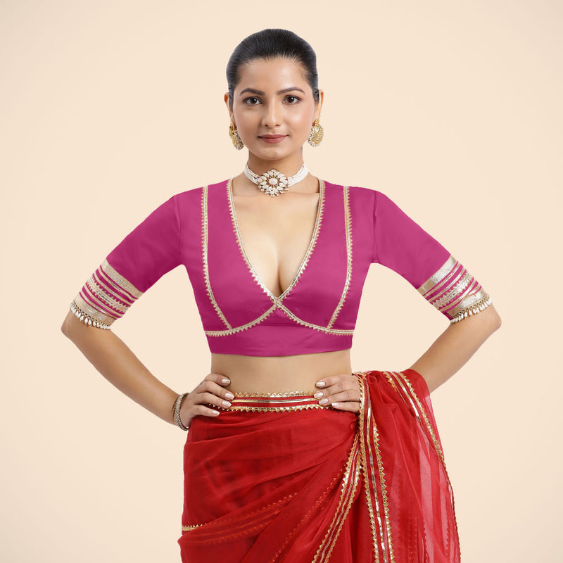Nafeeza x Tyohaar | Elbow Sleeves Hot Pink FlexiFit™ Gota Embellished Saree Blouse with Plunging V-Neck-Binks