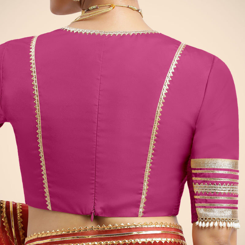 Nafeeza x Tyohaar | Elbow Sleeves Hot Pink FlexiFit™ Gota Embellished Saree Blouse with Plunging V-Neck-Binks