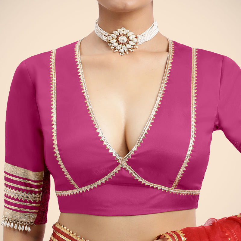 Nafeeza x Tyohaar | Elbow Sleeves Hot Pink FlexiFit™ Gota Embellished Saree Blouse with Plunging V-Neck-Binks