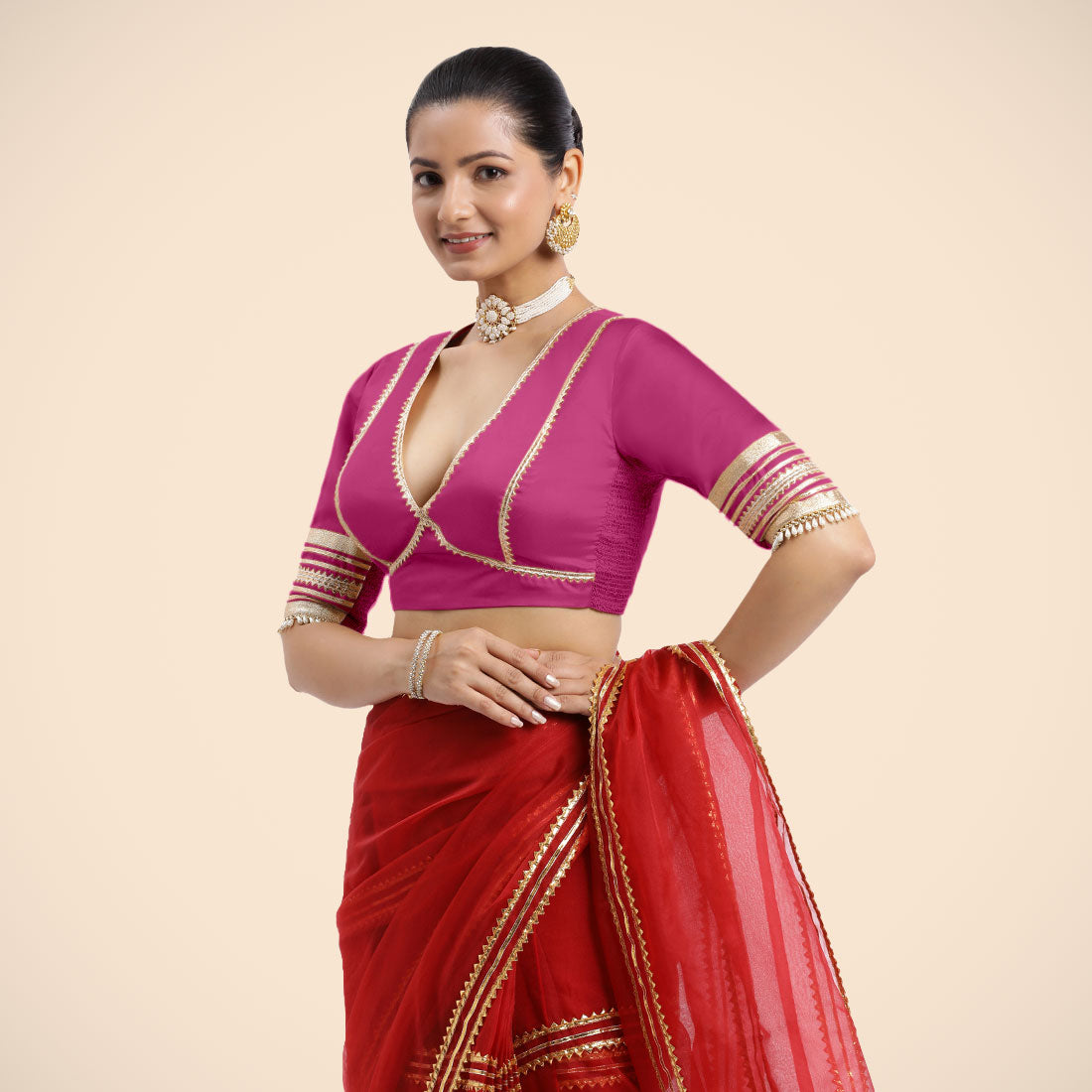 Nafeeza x Tyohaar Saree Blouse, in Pink Vegan Silk, featuring elbow sleeves and v-neckline, made for party & festive (view 6).
