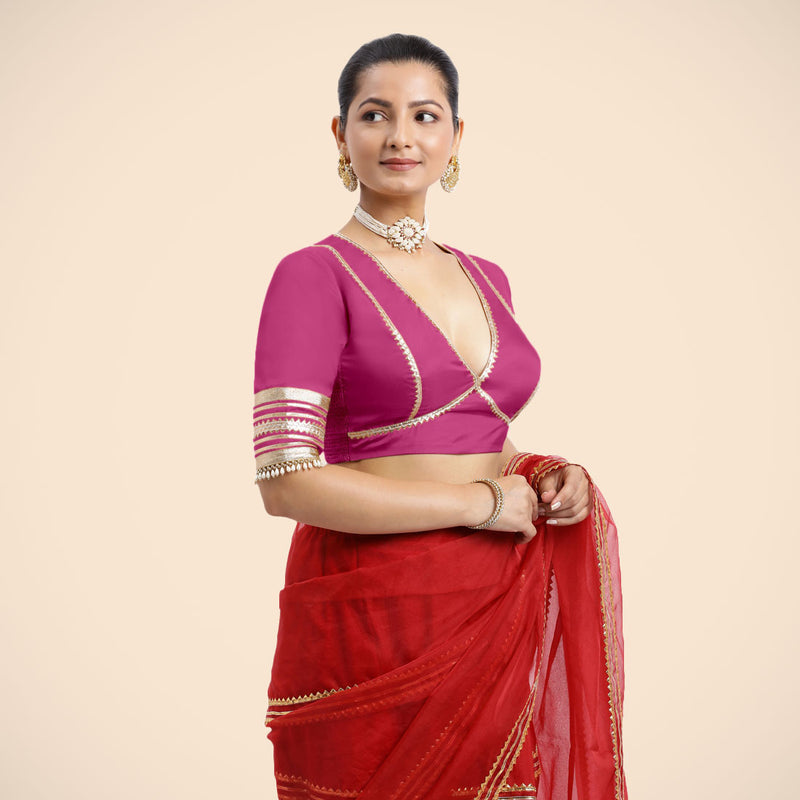 Nafeeza x Tyohaar | Elbow Sleeves Hot Pink FlexiFit™ Gota Embellished Saree Blouse with Plunging V-Neck-Binks