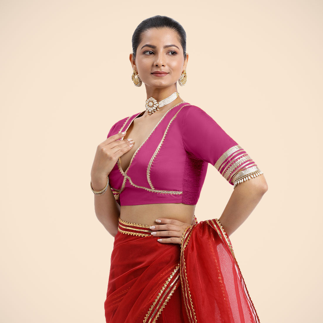 Nafeeza x Tyohaar Saree Blouse, in Pink Vegan Silk, featuring elbow sleeves and v-neckline, made for party & festive (view 8).