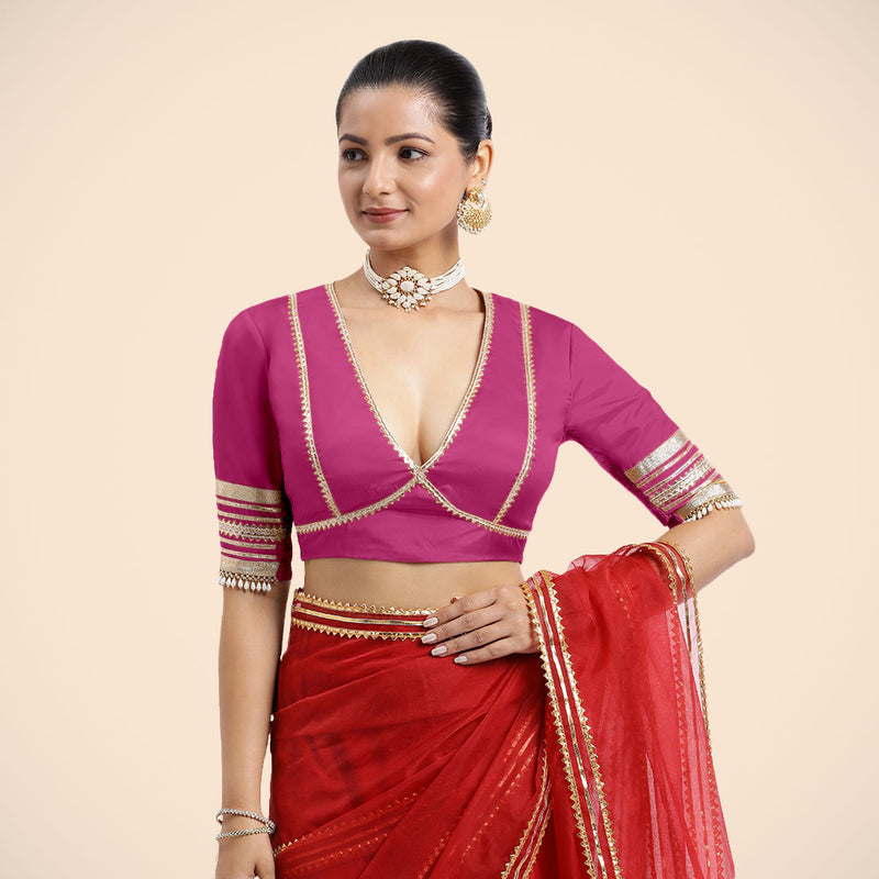 Nafeeza x Tyohaar | Elbow Sleeves Hot Pink FlexiFit™ Gota Embellished Saree Blouse with Plunging V-Neck-Binks