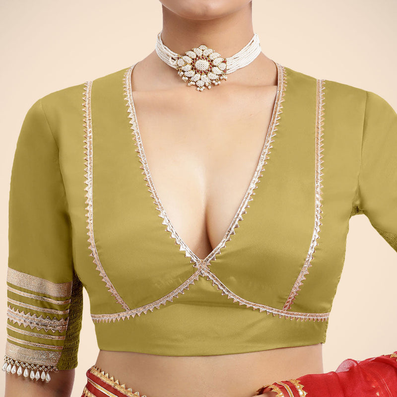 Nafeeza x Tyohaar | Lemon Yellow Embellished Elbow Sleeves FlexiFit™ Saree Blouse with Plunging V Neckline with Tasteful Golden Gota Lace-Binks