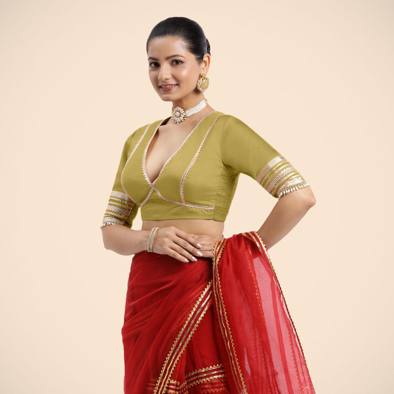 Nafeeza x Tyohaar | Lemon Yellow Embellished Elbow Sleeves FlexiFit™ Saree Blouse with Plunging V Neckline with Tasteful Golden Gota Lace-Binks