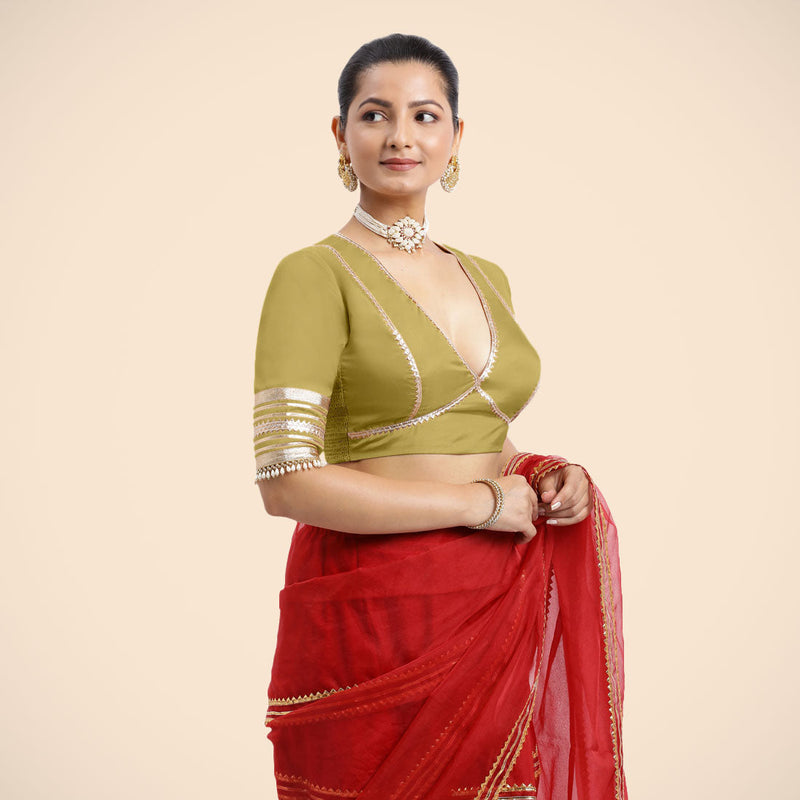 Nafeeza x Tyohaar | Lemon Yellow Embellished Elbow Sleeves FlexiFit™ Saree Blouse with Plunging V Neckline with Tasteful Golden Gota Lace-Binks