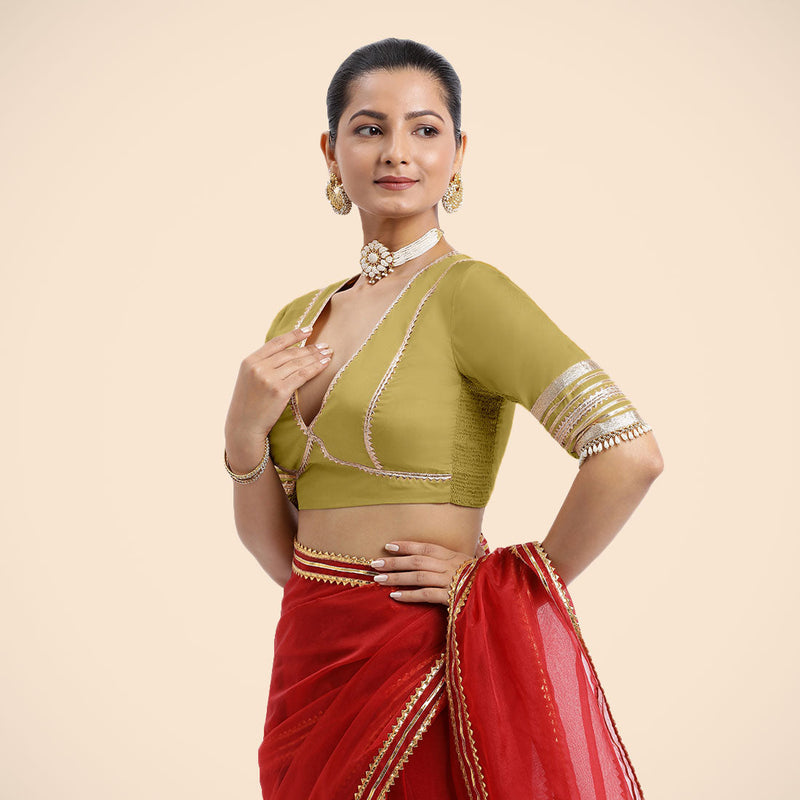 Nafeeza x Tyohaar | Lemon Yellow Embellished Elbow Sleeves FlexiFit™ Saree Blouse with Plunging V Neckline with Tasteful Golden Gota Lace-Binks