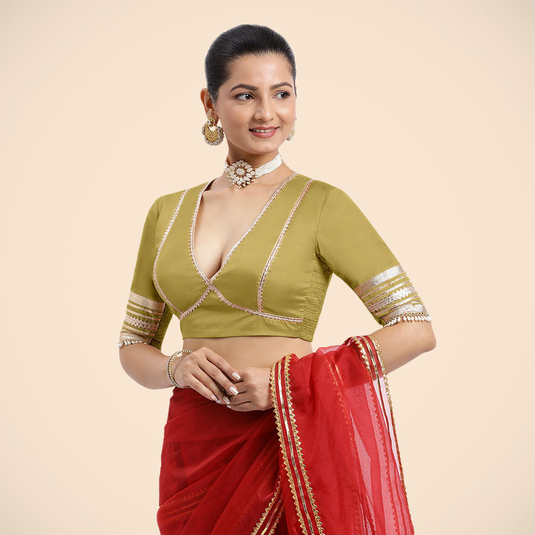Nafeeza x Tyohaar Saree Blouse, in Yellow Vegan Silk, featuring elbow sleeves and v-neckline, made for party & festive (view 2).