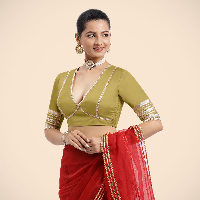 Nafeeza x Tyohaar | Lemon Yellow Embellished Elbow Sleeves FlexiFit™ Saree Blouse with Plunging V Neckline with Tasteful Golden Gota Lace-Binks