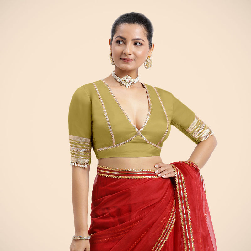 Nafeeza x Tyohaar | Lemon Yellow Embellished Elbow Sleeves FlexiFit™ Saree Blouse with Plunging V Neckline with Tasteful Golden Gota Lace-Binks