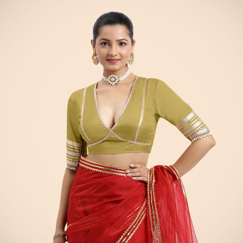 Nafeeza x Tyohaar | Lemon Yellow Embellished Elbow Sleeves FlexiFit™ Saree Blouse with Plunging V Neckline with Tasteful Golden Gota Lace-Binks