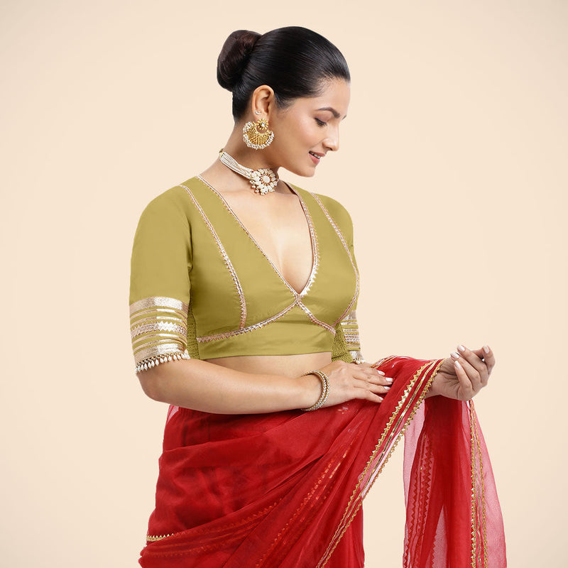 Nafeeza x Tyohaar | Lemon Yellow Embellished Elbow Sleeves FlexiFit™ Saree Blouse with Plunging V Neckline with Tasteful Golden Gota Lace-Binks