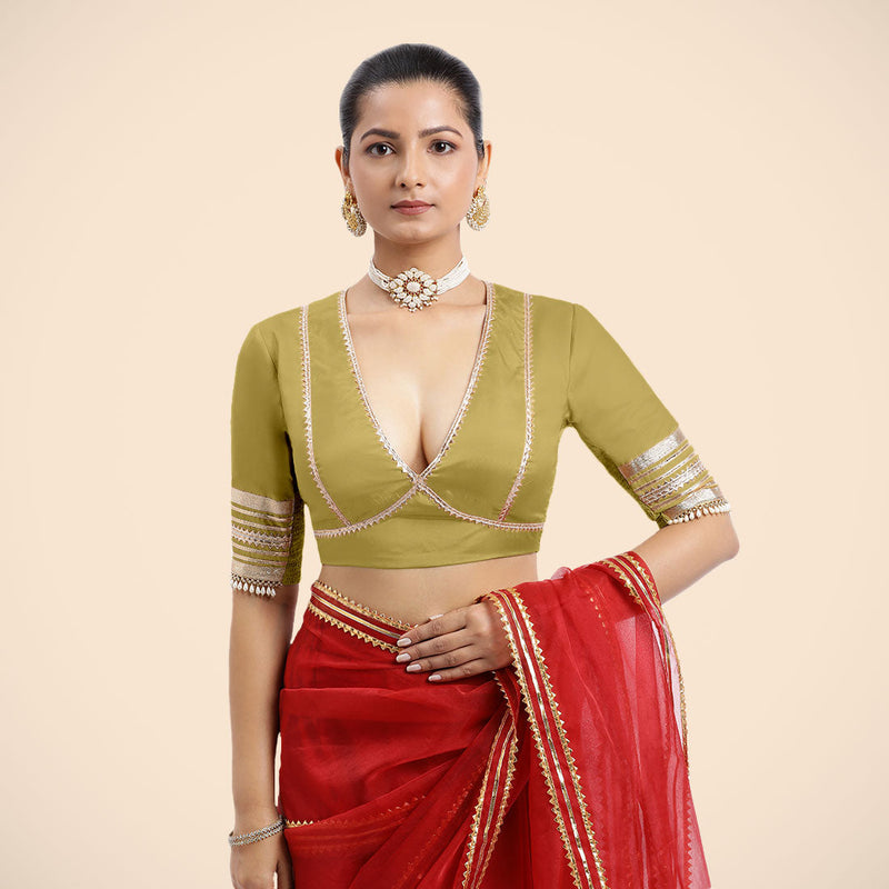 Nafeeza x Tyohaar | Lemon Yellow Embellished Elbow Sleeves FlexiFit™ Saree Blouse with Plunging V Neckline with Tasteful Golden Gota Lace-Binks
