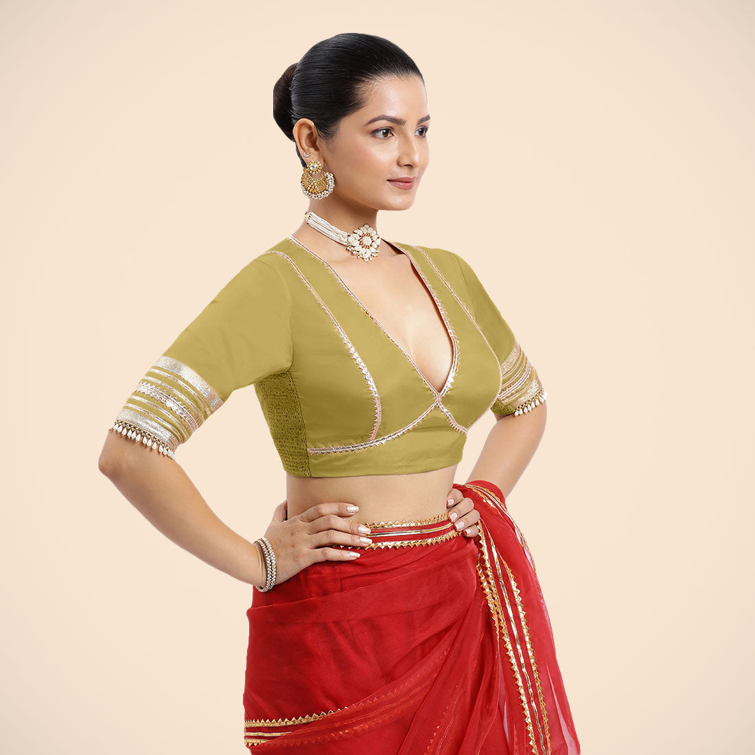 Nafeeza x Tyohaar Saree Blouse, in Yellow Vegan Silk, featuring elbow sleeves and v-neckline, made for party & festive (view 8).