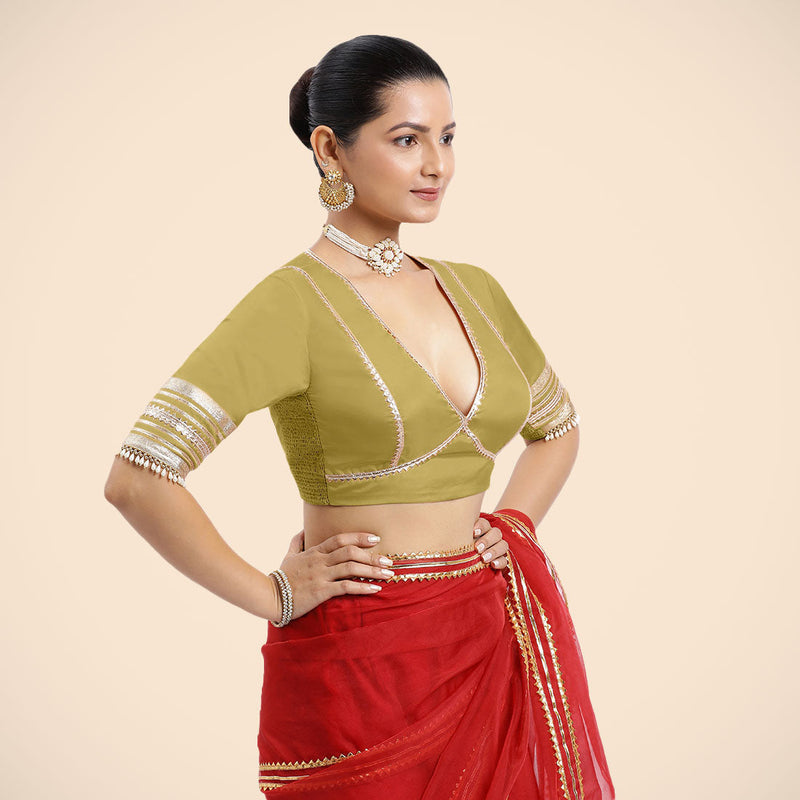 Nafeeza x Tyohaar | Lemon Yellow Embellished Elbow Sleeves FlexiFit™ Saree Blouse with Plunging V Neckline with Tasteful Golden Gota Lace-Binks