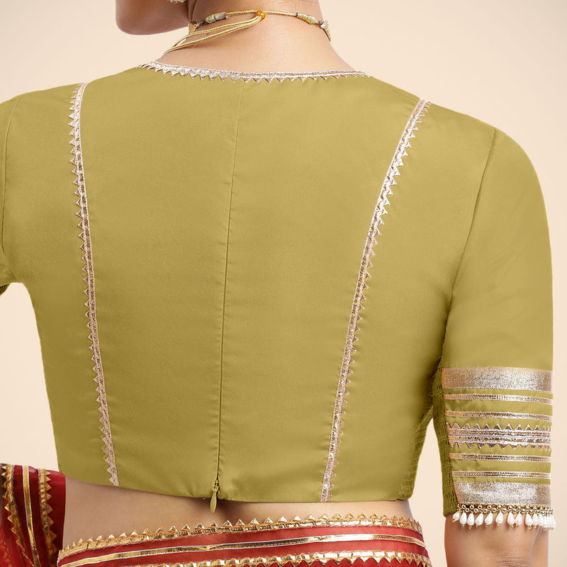 Nafeeza x Tyohaar | Lemon Yellow Embellished Elbow Sleeves FlexiFit™ Saree Blouse with Plunging V Neckline with Tasteful Golden Gota Lace-Binks