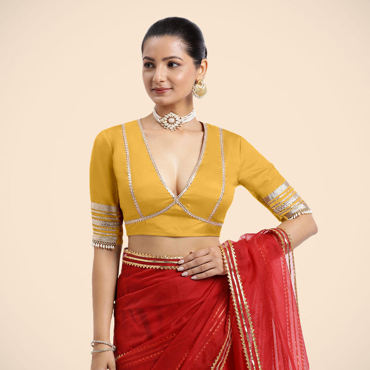Nafeeza x Tyohaar Saree Blouse, in Yellow Vegan Silk, featuring elbow sleeves and v-neckline, made for party & festive.