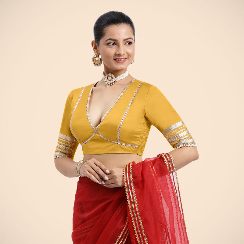 Nafeeza x Tyohaar | Elbow Sleeves Marigold Yellow FlexiFit™ Gota Embellished Saree Blouse with Plunging V-Neck-Binks